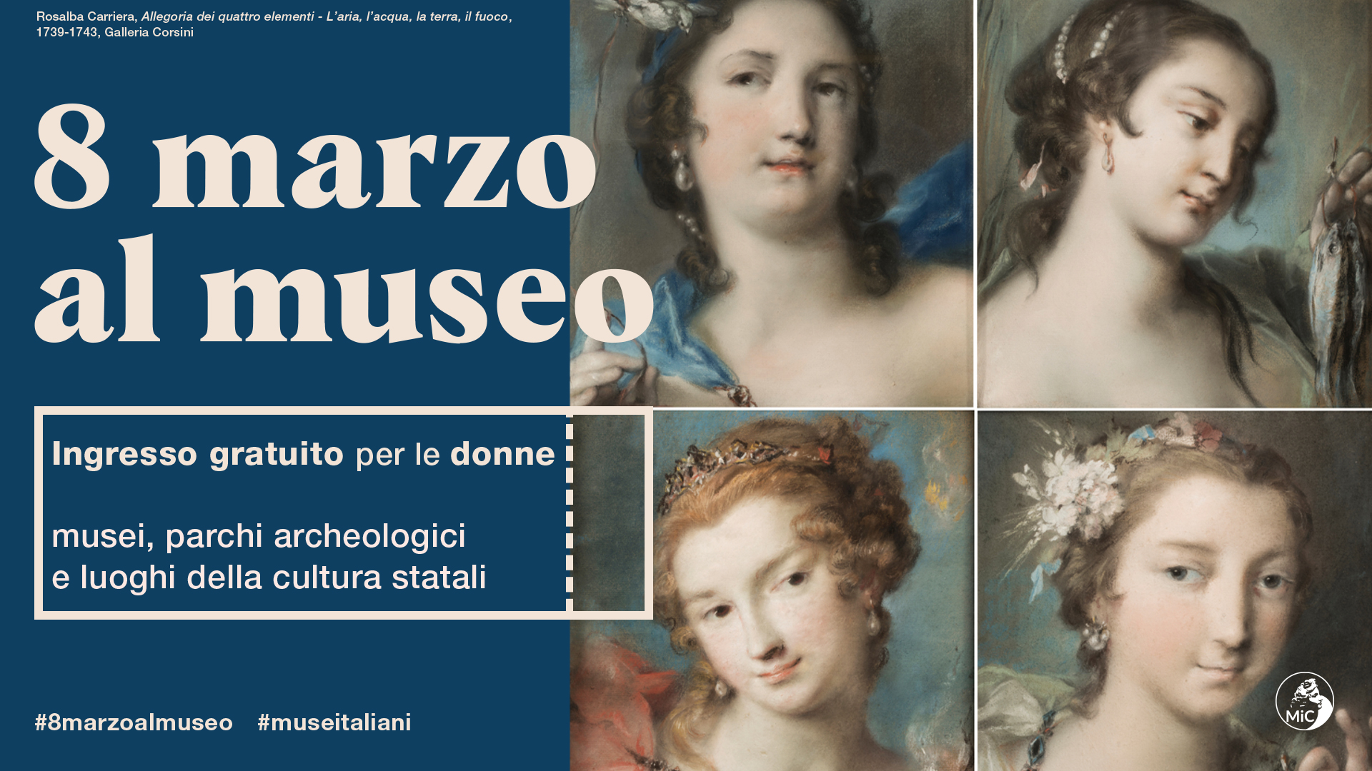 Venerdì 8 marzo 2024, su proposta del Ministro della Cultura, Gennaro Sangiuliano, l’ingresso per le donne in musei, parchi archeologici, complessi monumentali, castelli, ville e giardini storici e altri luoghi della cultura statali sarà gratuito